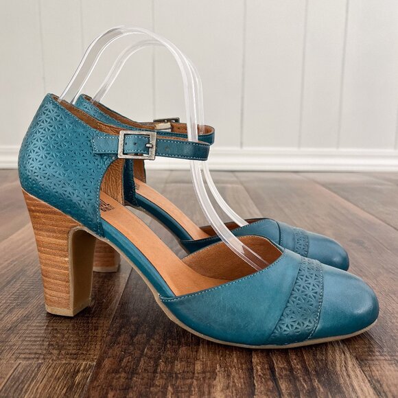 Miz Mooz Jay Mary Jane Pump Heel Embossed Leather Retro Size 9.5 EU 40.5 in Teal - Picture 16 of 16